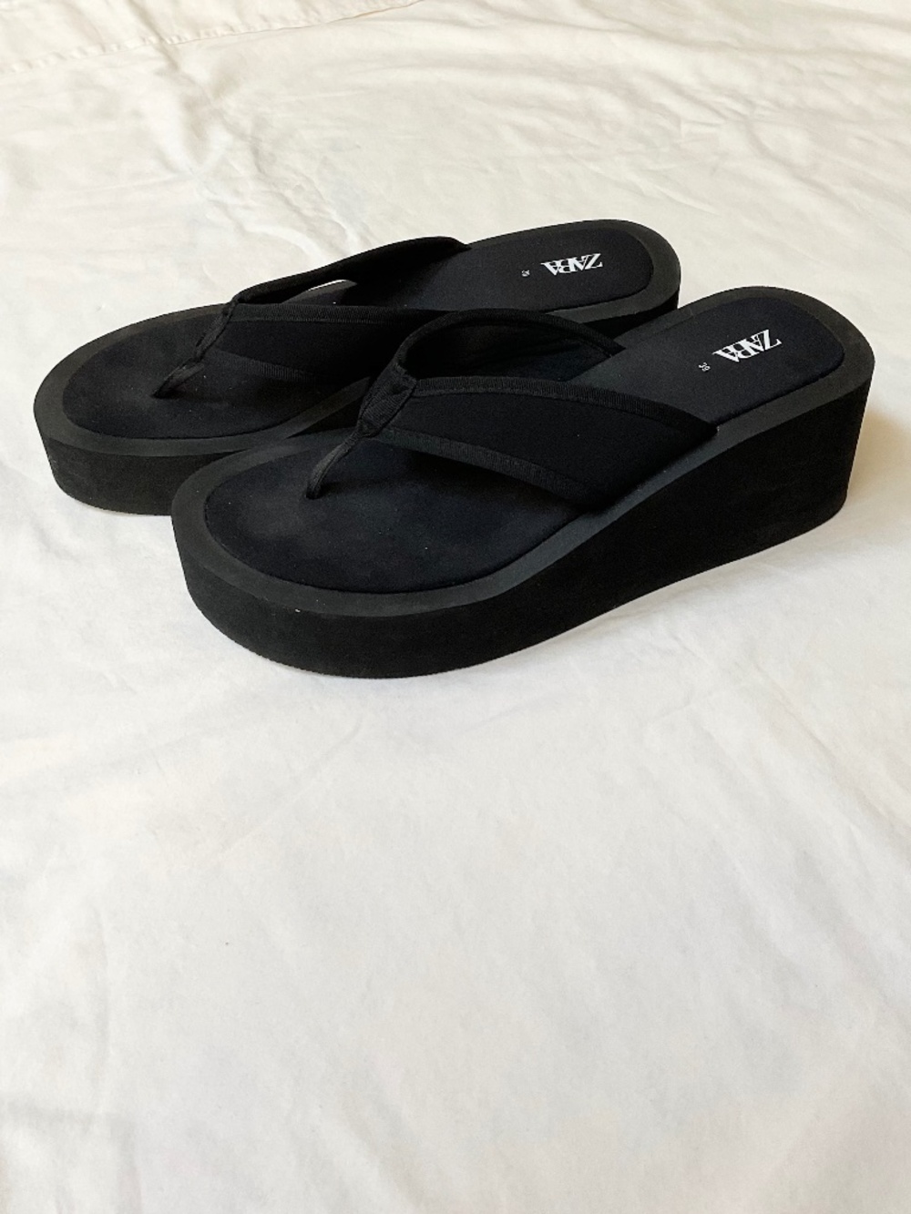 Zara Contrast Platform Sandals Black Wedge Flip Flops